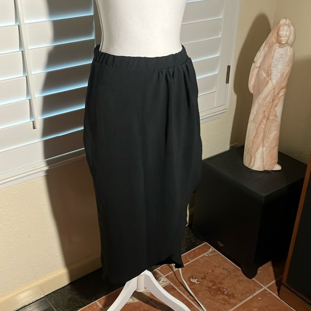 🖤🫶GeeGee Black Midi Hi Low Polyester Skirt W/Side Ruffles Stretch Waist Sz L